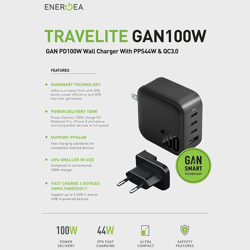 شارژر دیواری فست شارژ 100 وات انرژیا | Energea Travelite GaN100 100W Wall Charger