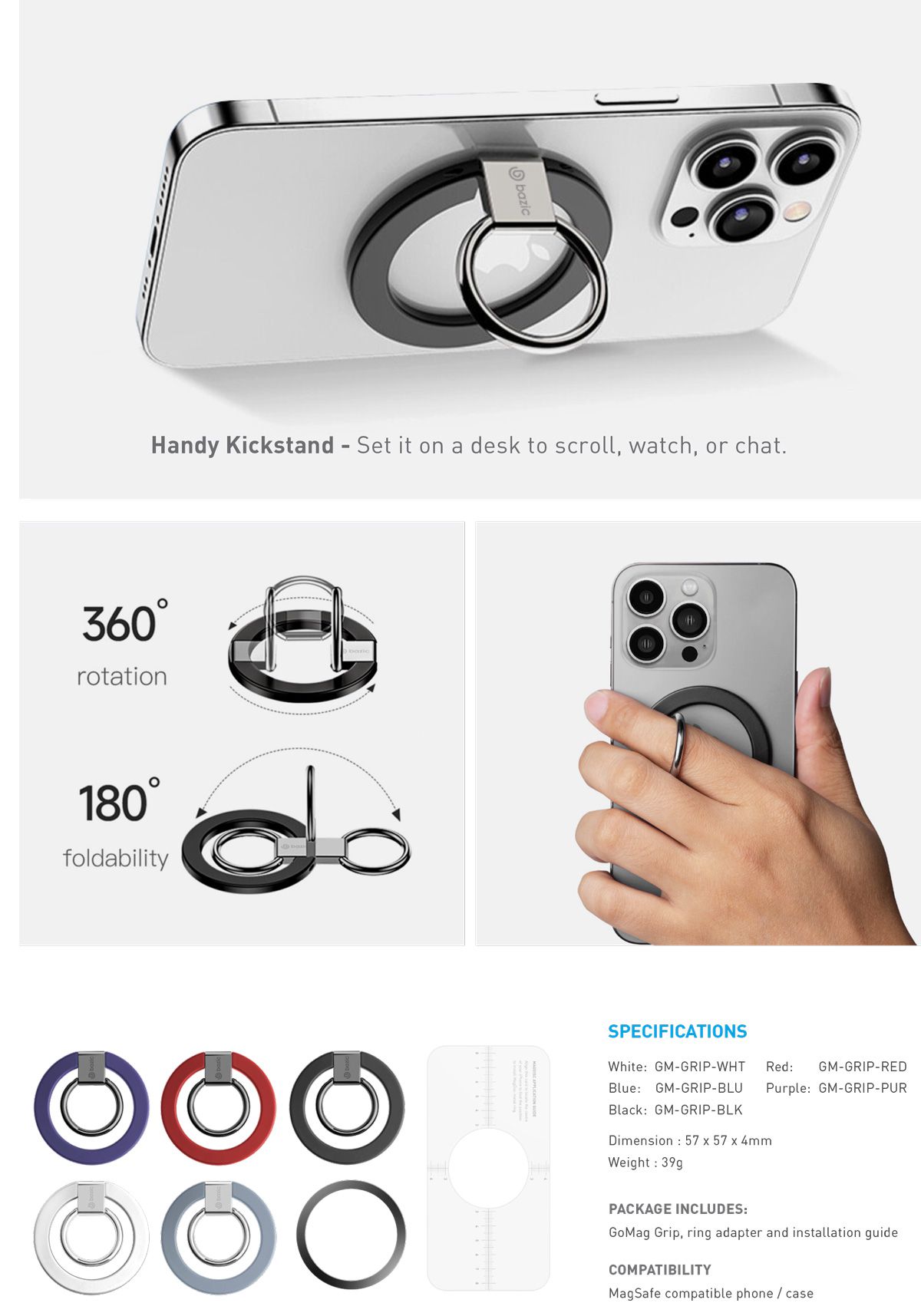 رینگ نگهدارنده موبایل بازیک GOMAG GRIP MagSafe در جهات مختلف