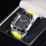 بند و گارد اپل واچ سری لاکچری Luxury Steel Metal Case Bezel Silicone Strap apple Watch 4445 mm زرد رنگ در بسته بندی لوکس
