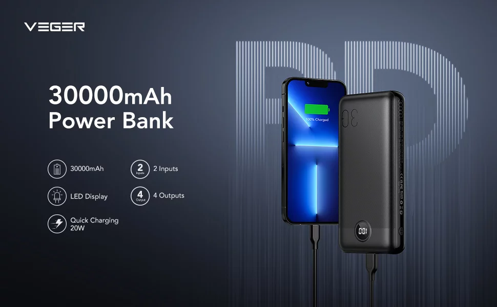 پاور بانک برند وگر مدل VEGER W3008 LCD Display 30000 mAh با قابلیت های حرفه ای