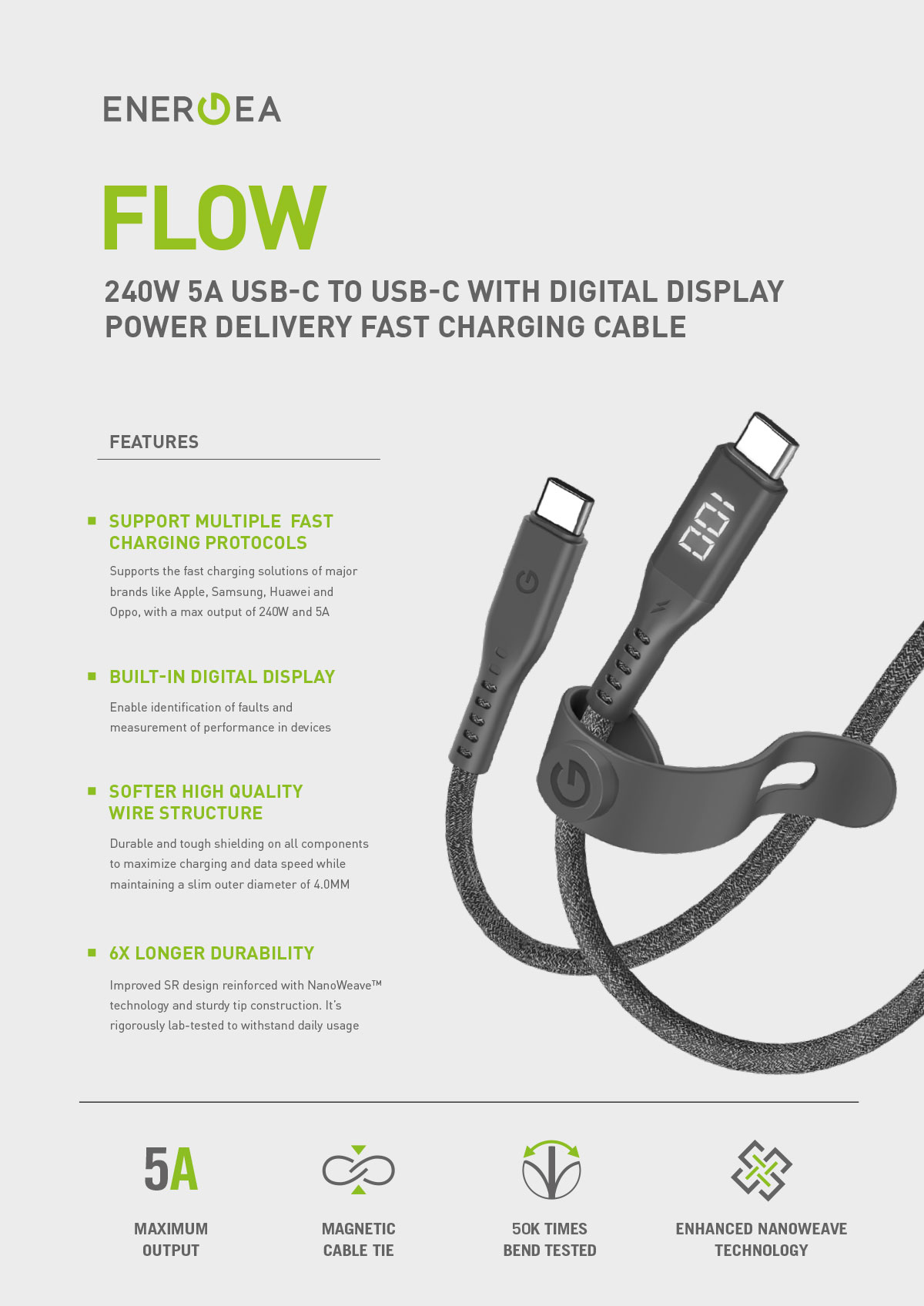 کابل USB-C 240W انرژیا مدل FLOW with Display فروشگاه اسپيگن ایران